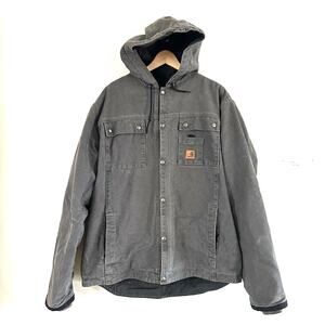 Carhartt J284 Canvas Sherpa Lined Hooded Jacket Size Large Tall Gray Snap Button